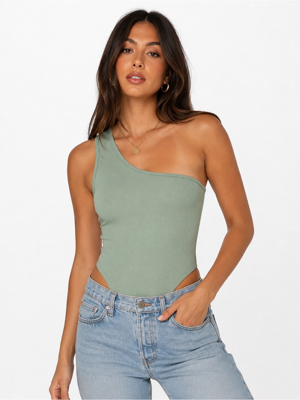 Bacio Sage Green Ribbed One Shoulder Bodysuit size medium ✨